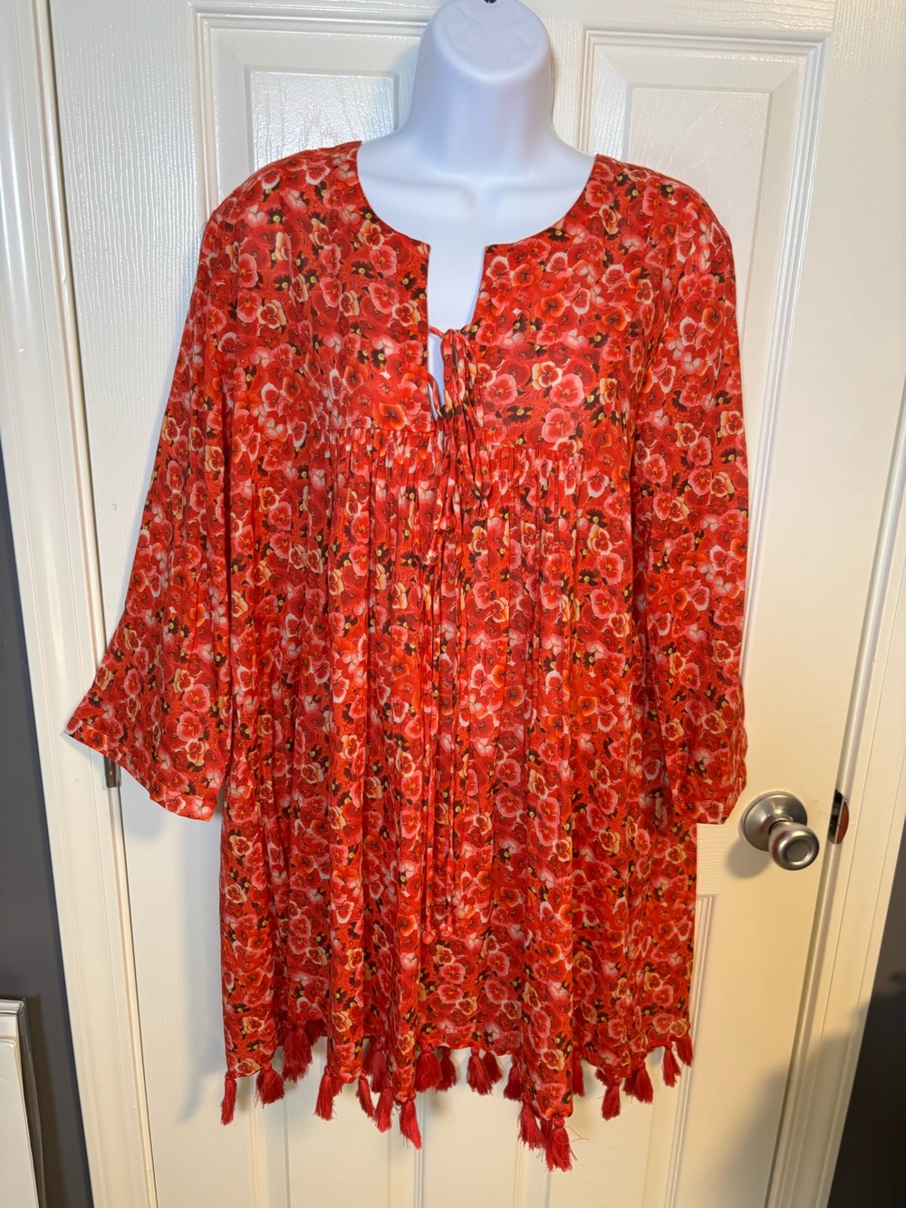 Ro’s Garden pink floral tunic dress with tie front and tassels, size L-NWT